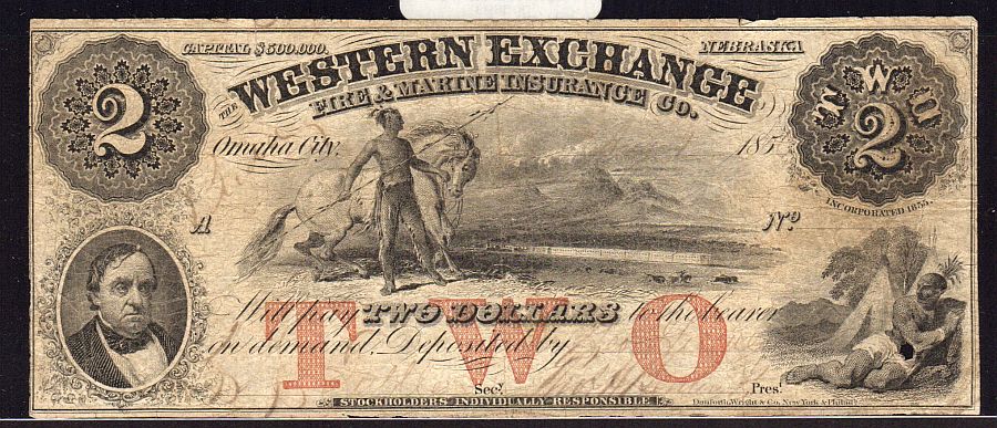 Omaha City, Nebraska 1857 $2, Western Exchange Insurance Co., F,n